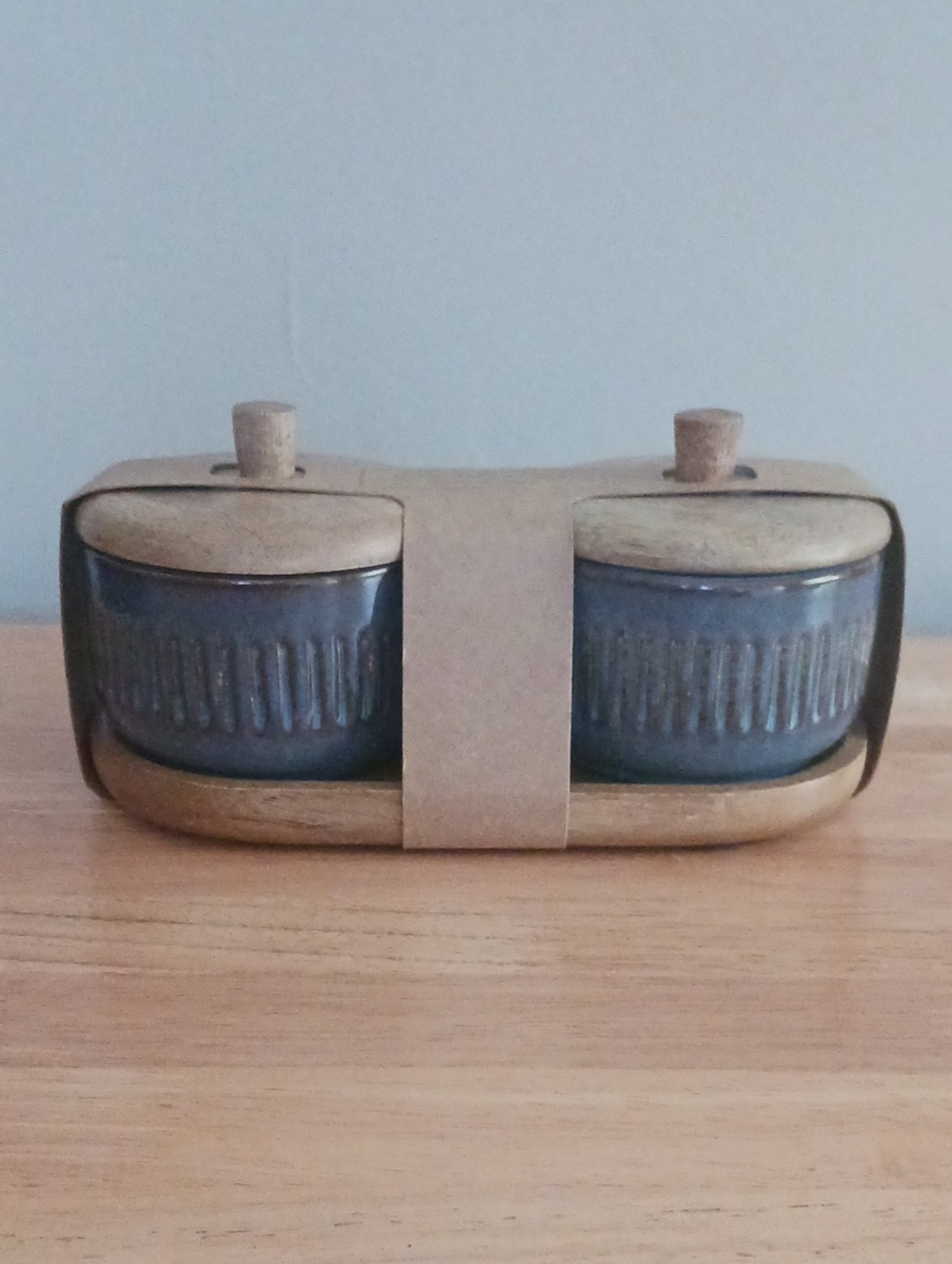 Blue Ceramic and Wood Condiment Set With Plate